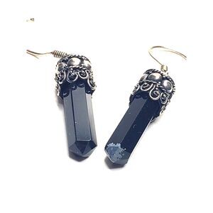 Gemstone Point Onyx Sterling Earrings Black 925 Silver Pierced Reduce Anxiety